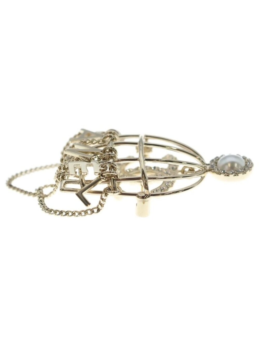 Chanel CC Logo Chain Rhinestone Pearl Brooch Gold - Picture 3 of 6